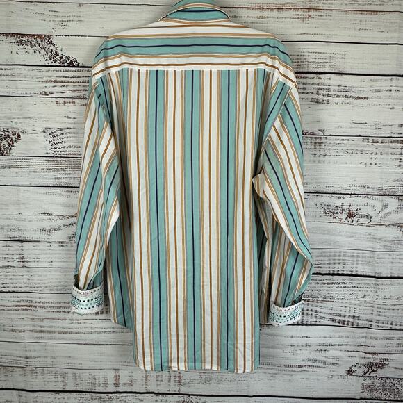 Mens Robert Graham Tan Green Striped Embroidered Button Up Flip Cuff  Shirt 2XL - Picture 5 of 10